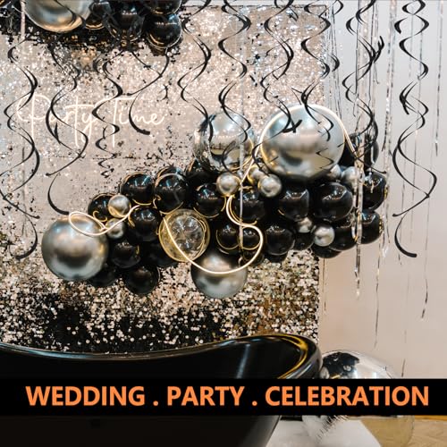 Image of Black Hanging Swirls Party Decorations 30 Pack- Extra Long Double Swirl Ceiling Decorations for Halloween, Baby Shower, Christmas, Wedding, Birthday Decorations| Reusable Black Streamers with Hooks