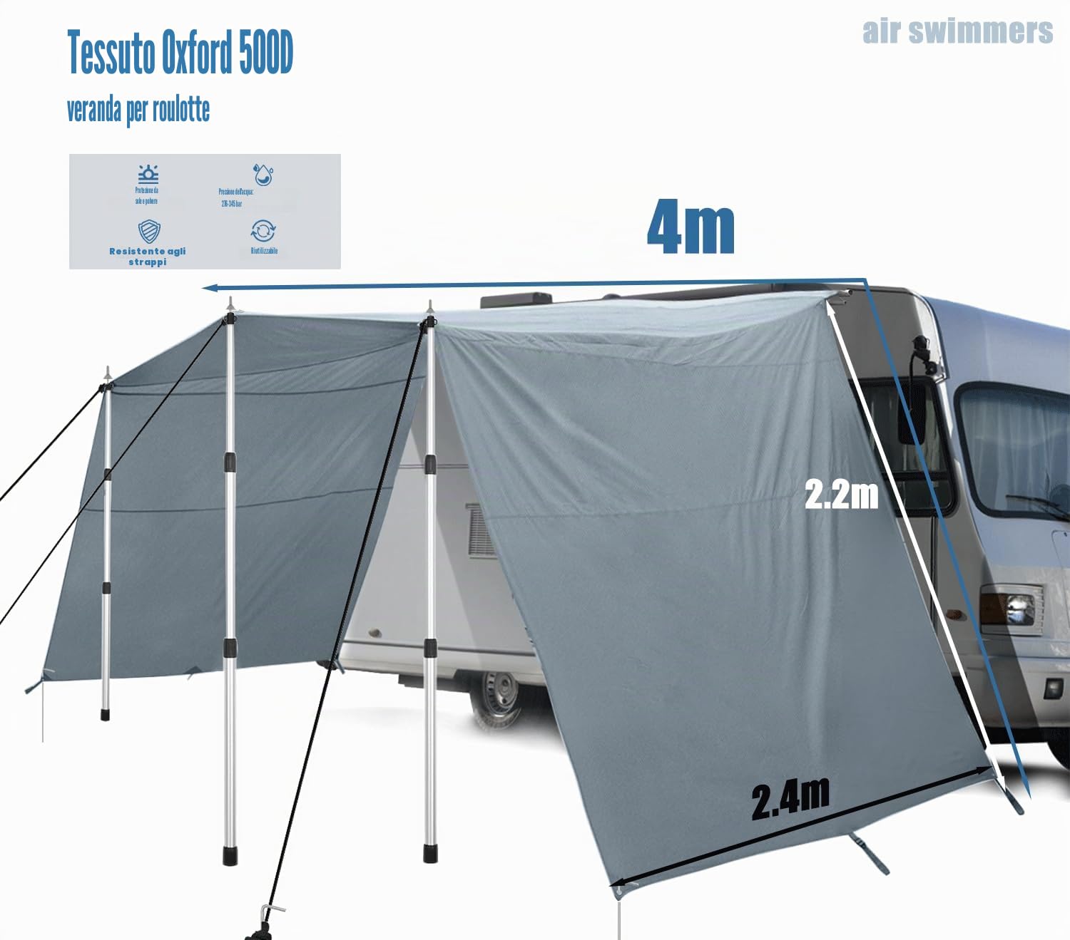 Tendalino Camper, Tendalino Auto, Roulotte, Tenda Furgone Laterale 4 X 2.4m, Con Guida Per Tubi Da 4 M (4-7 Mm), Per Camper, Lato Auto
