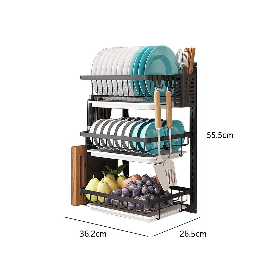 Escurridor de Platos de Cocina de Tres Niveles para Montaje en Pared, de Acero Inoxidable con Bandeja de Drenaje, Soporte/Gancho para Cuchillos y Palillos, sin Perfo,