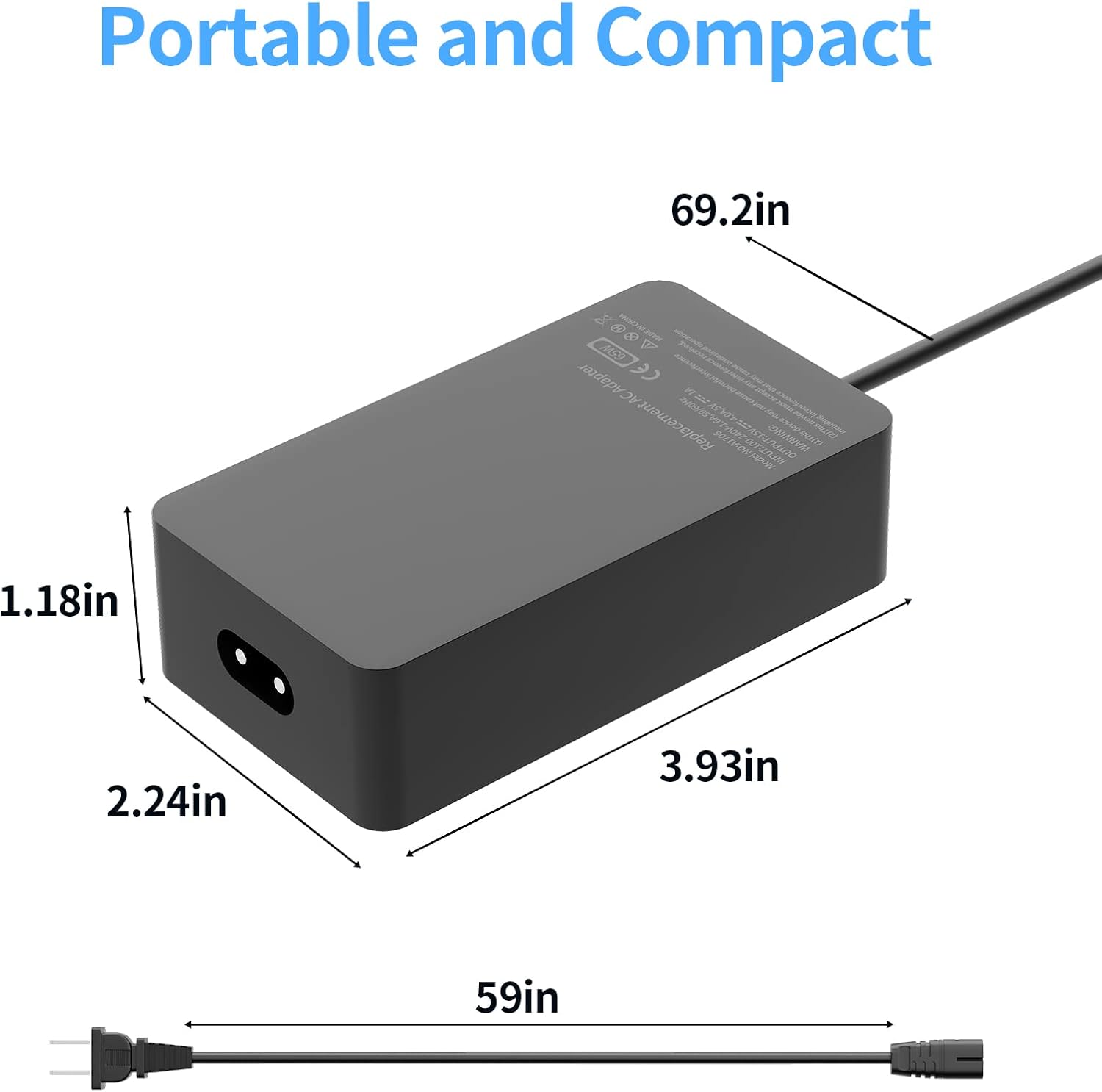 65W Surface Pro Charger Compatible with Microsoft Model 1769 1943 1963 1800 1706 1950 1958 1951 Surface Pro 10, 9, 8, 7+, 7, 6, 5, 4, 3, X Power Supply