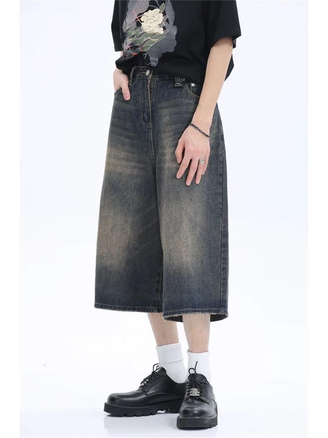 Damskie spodenki na co dzień Harajuku Vintage Zamek Luźne Szerokie Nogawki Punk Baggy Mid Long Denim Szorty, Jasnoniebieski, XXL