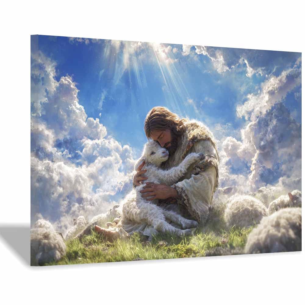 ZAMAEIU Jesus Canvas Wall Art Print Embracing thes lamb God Posters Catholic Artwork Trendy Living Room Home Bathroom Apartment Office Decor(blue)-30x50cm Framed