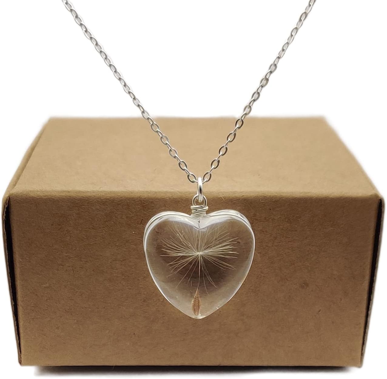 Dandelion Make a Wish Real Flowers Heart Love Glass 925 Sterling Silver Chain Necklace for Women Handmade