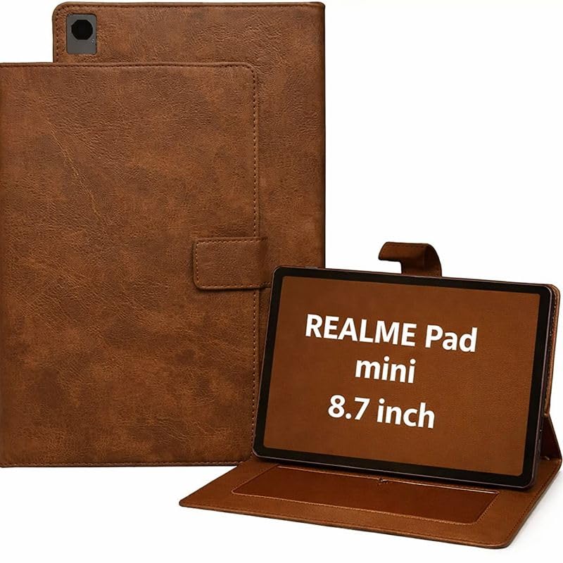 Image of Leather Folio Flip Stand Case Cover for Realme Pad Mini 8.7 Inch Tablet, Solid Pattern, 200 Grams (Coffee)