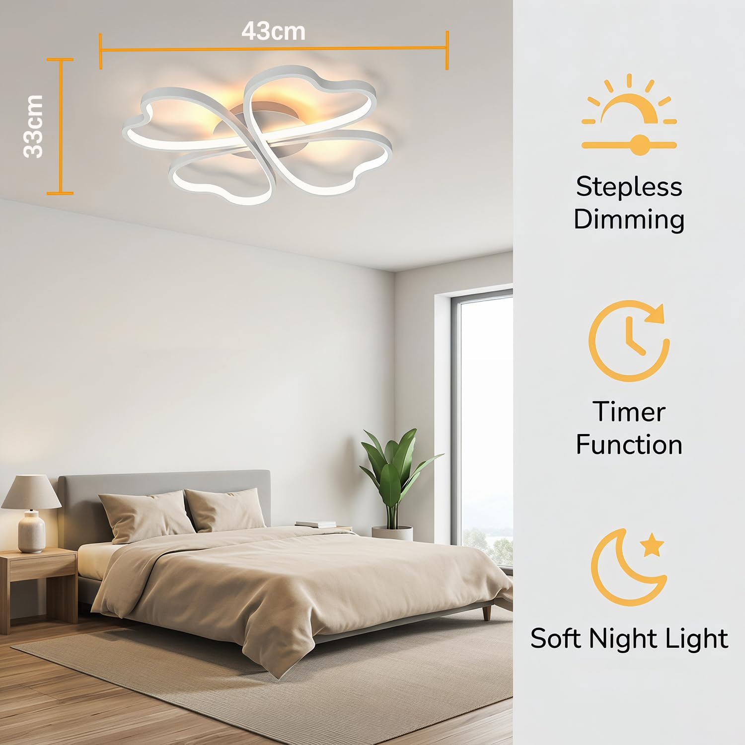 LED Deckenleuchte Kreative Herzförmige Design Deckenlampe Modern Schlafzimmerlampe Dimmbar mit Fernbedienung APP, Timer Funktion, Nachtlichtfunktion, für Kinderzimmer Babyzimmer, Weiß 43cm