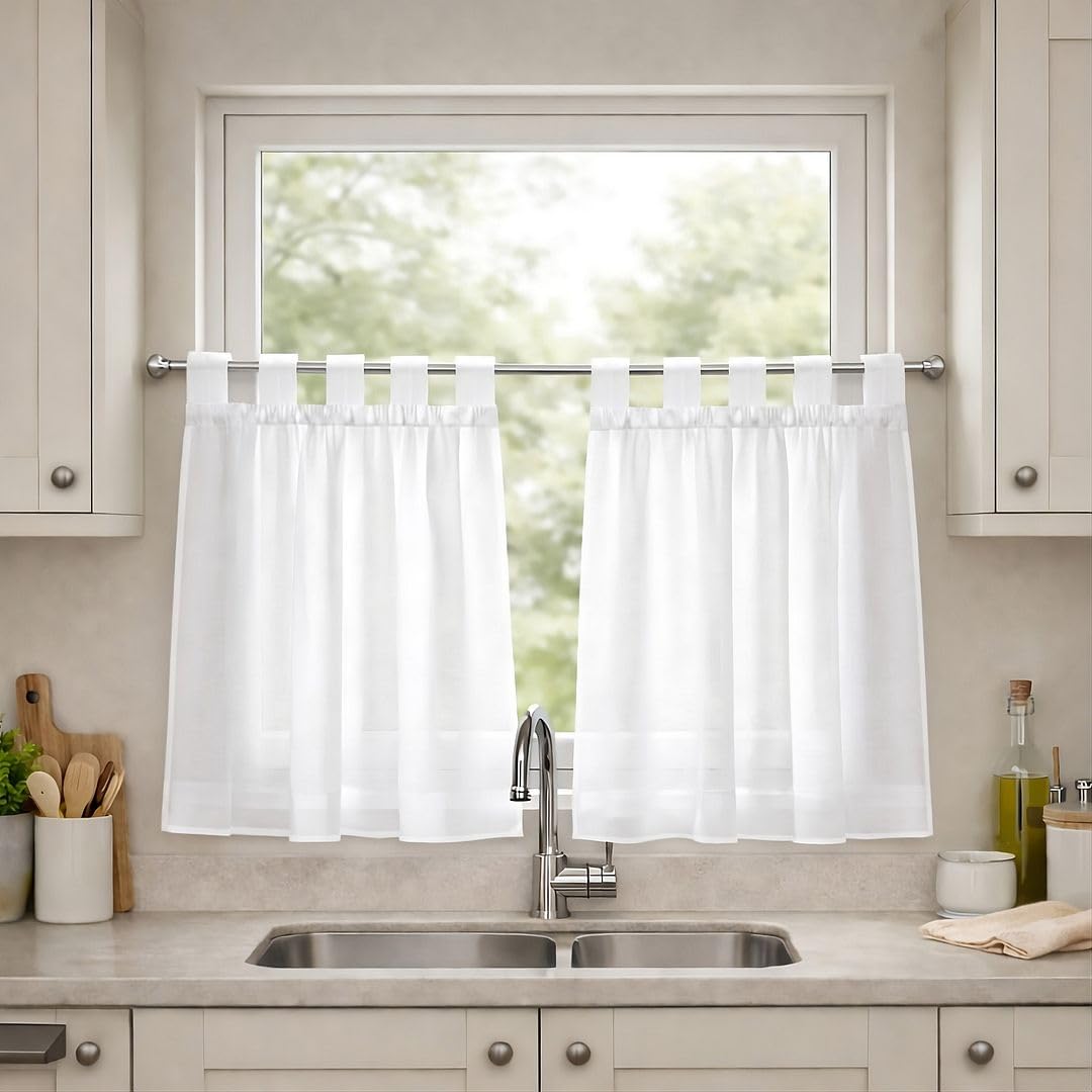 John Aird Lucy Voile Cafe Curtains - Tab Top - Pair Net Curtains - 2 Panels (White, W 28" x L 24")