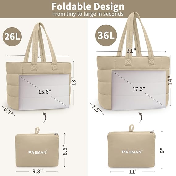 PASMAN Puffer Bag for Women,Quilted Travel Puffy Tote Bag Fit for Laptop,Nylon Work Bag for Nurse College,Teacher
