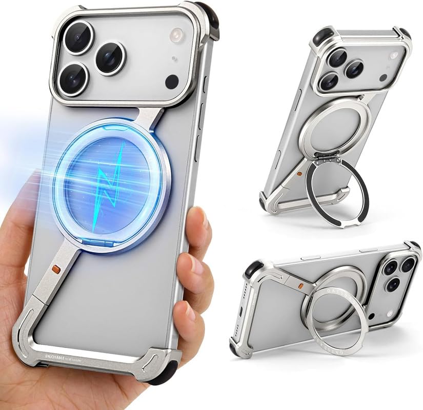 Image of Z Shaped Frameless Metal Bumper Compatible with iPhone 17 Pro with 360 Rotate Ring Kickstand | Luxury Aluminum Armor Case | Super Slim Metal - Silver