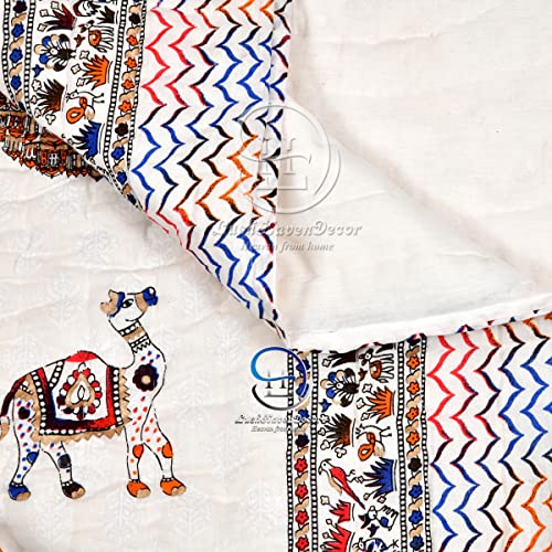 Image of 380 GSM Jaipuri Hand Block Design Big Camal and Heritage Hawamahal Printed Winter Cotton Double Bed Quilt Razai - King Size Multicolor, Rajai, Skinfriendly