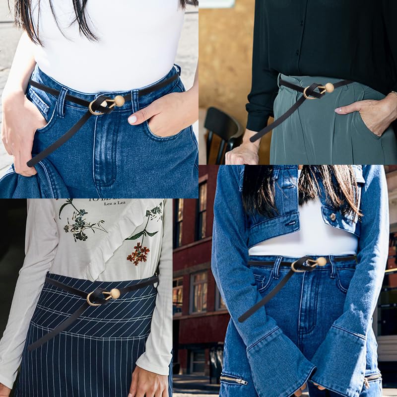 Sdopbinbin Knot Black Leather Belt for Women Soft Adjustable Belt Leather Waist Belt for Women Dress Pants Belts for Women Thin Skinny Belt High Waist Belt Double Belt for Women Thin Black Belt Women
