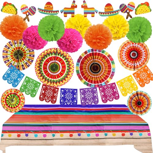 Recosis Fiesta Party Decorations Multicoloured Tablecover Paper Fans Pompoms Decorations Mexicano Plastic Papel Picado Banner for Fiesta Mexican Cinco De Mayo Taco Birthday Party Supplies