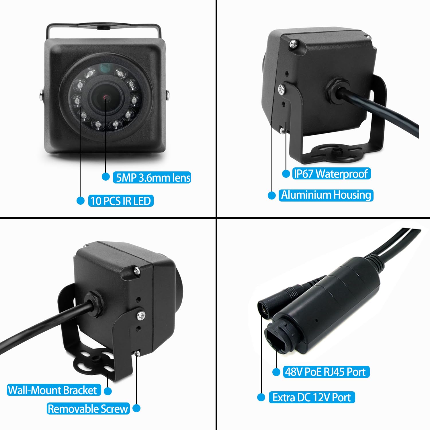 5 MP mini kamera IP POE IP, wodoszczelna IP65, Ultra HD 2880 x 1620, widoczność w nocy, obiektyw 3,6 mm 75°FOV, wykrywanie ruchu, aplikacja/NVR/PC Connect (I704-3-P-TS metal)