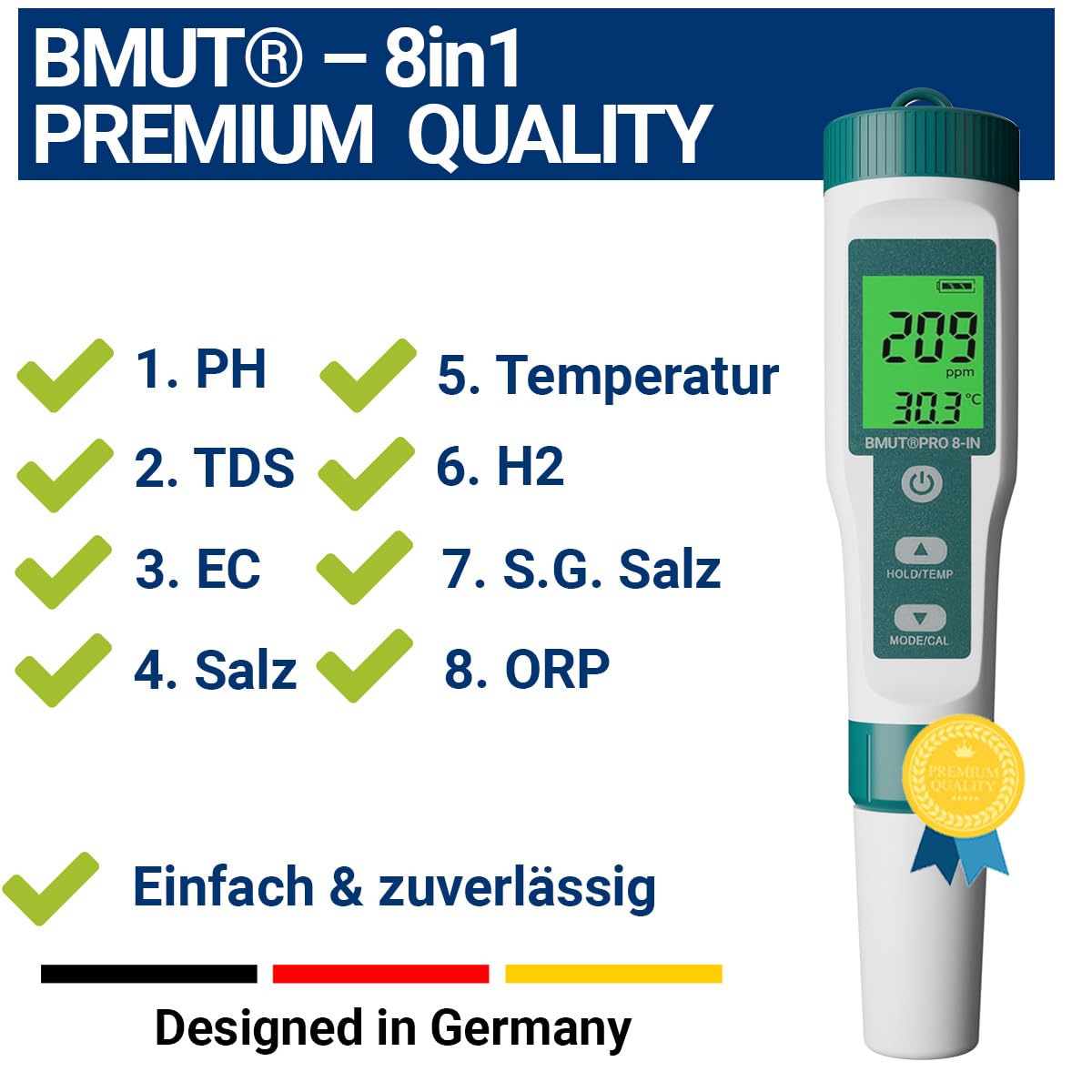 Miernik pH 8 w 1 do wody, pH | TDS | EC | zasolenia | ORP | H2 | termometr z wyświetlaczem LCD, bardzo precyzyjny tester wody – do wody pitnej, napojów, basenu i akwarium