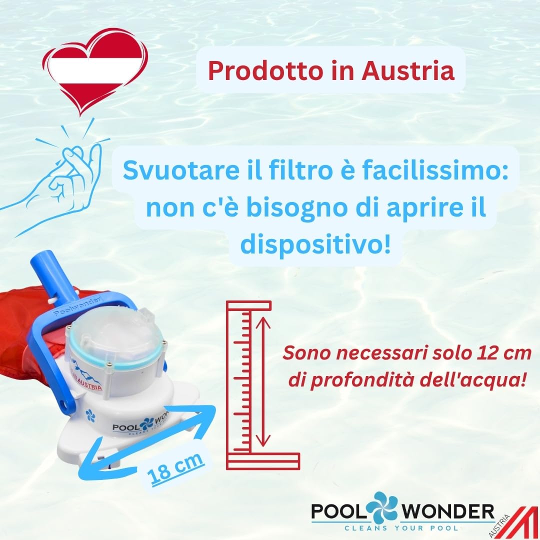 Poolwonder Cleverix - Aspirapolvere a batteria per piscina, super pratico, prodotto in Austria, con asta di avviamento da 2 m