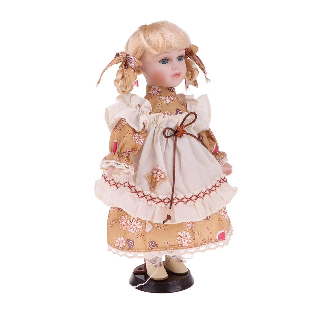 Bambola in Porcellana 30 Cm, Vintage Persone con Abito Giallo da Collezione