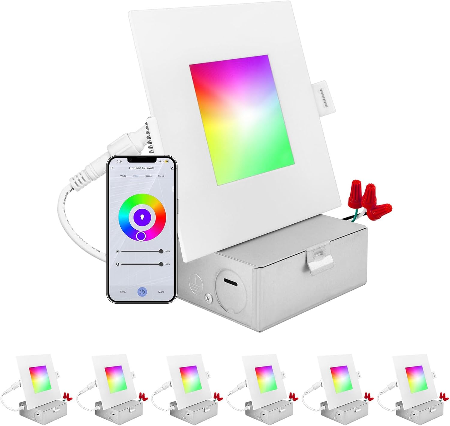 LUXRITE 4 Inch Sq. Sensible LED Recessed Lighting, RGBW Colour Altering, WiFi App Management, Voice Management with Alexa and Google Residence, No Hub Required, 10.5W 700LM, CRI 90, IC Rated, Moist Rated (6 Pack)