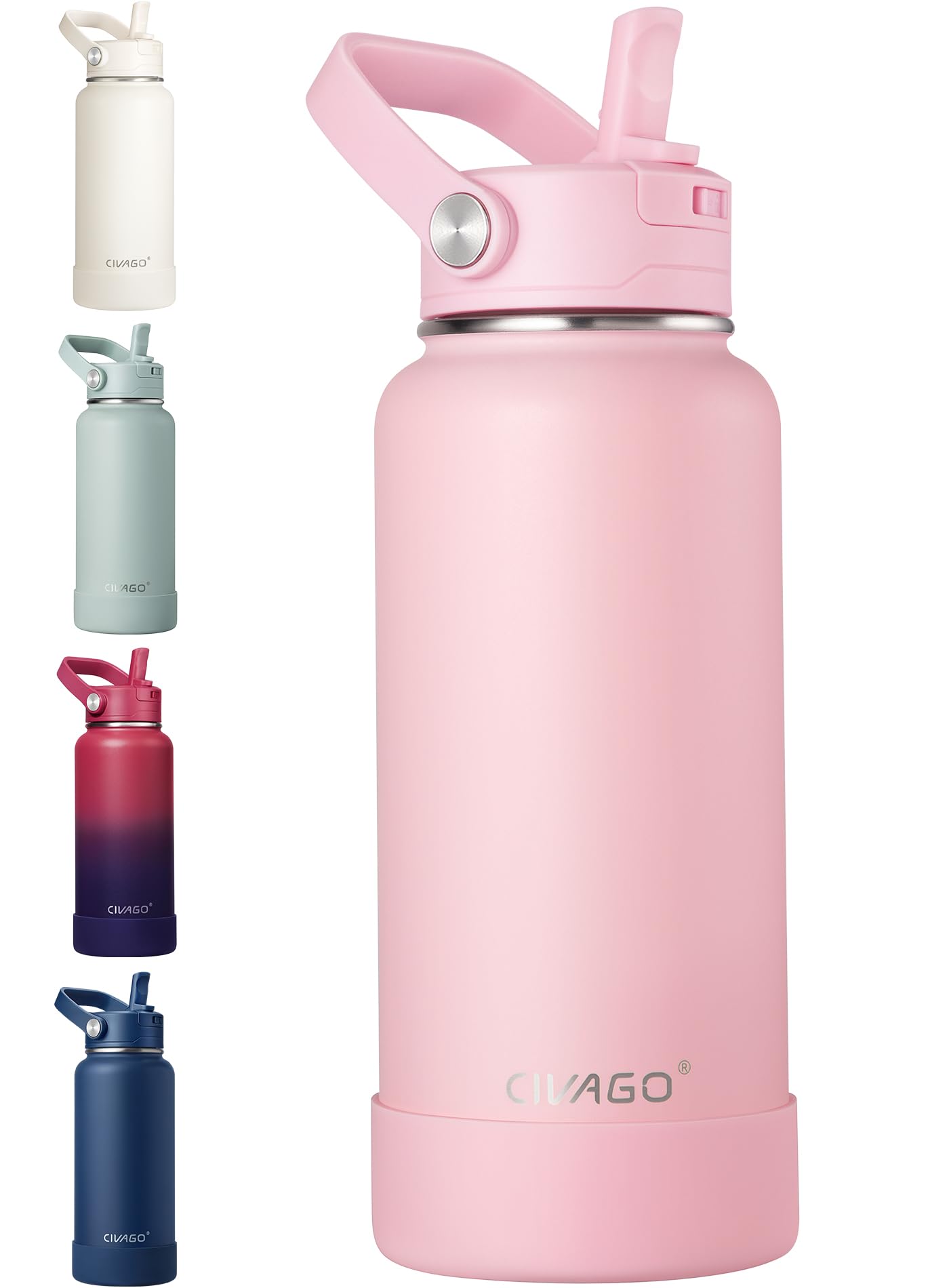 CIVAGO Insulated Stainless Steel Water Bottle with Detachable Straw, 950ml Metal Sports Drink Bottle with Bucket Handle, Leakproof Large Flask with Silicone Boot for Gym, Dishwasher Safe, Pink