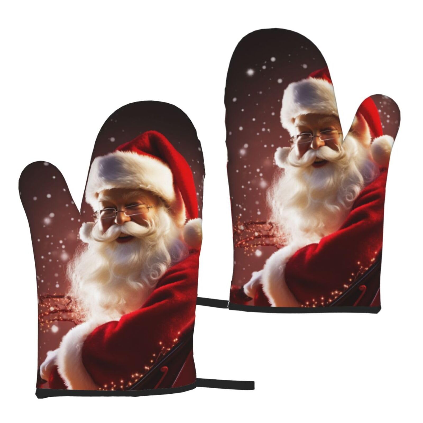 Christmas Santa Claus Printed Oven Mitts Sets 2 PCS Heat Resistant and Non-Slip Glove Potholder for Kitchen Cooking Baking Grilling
