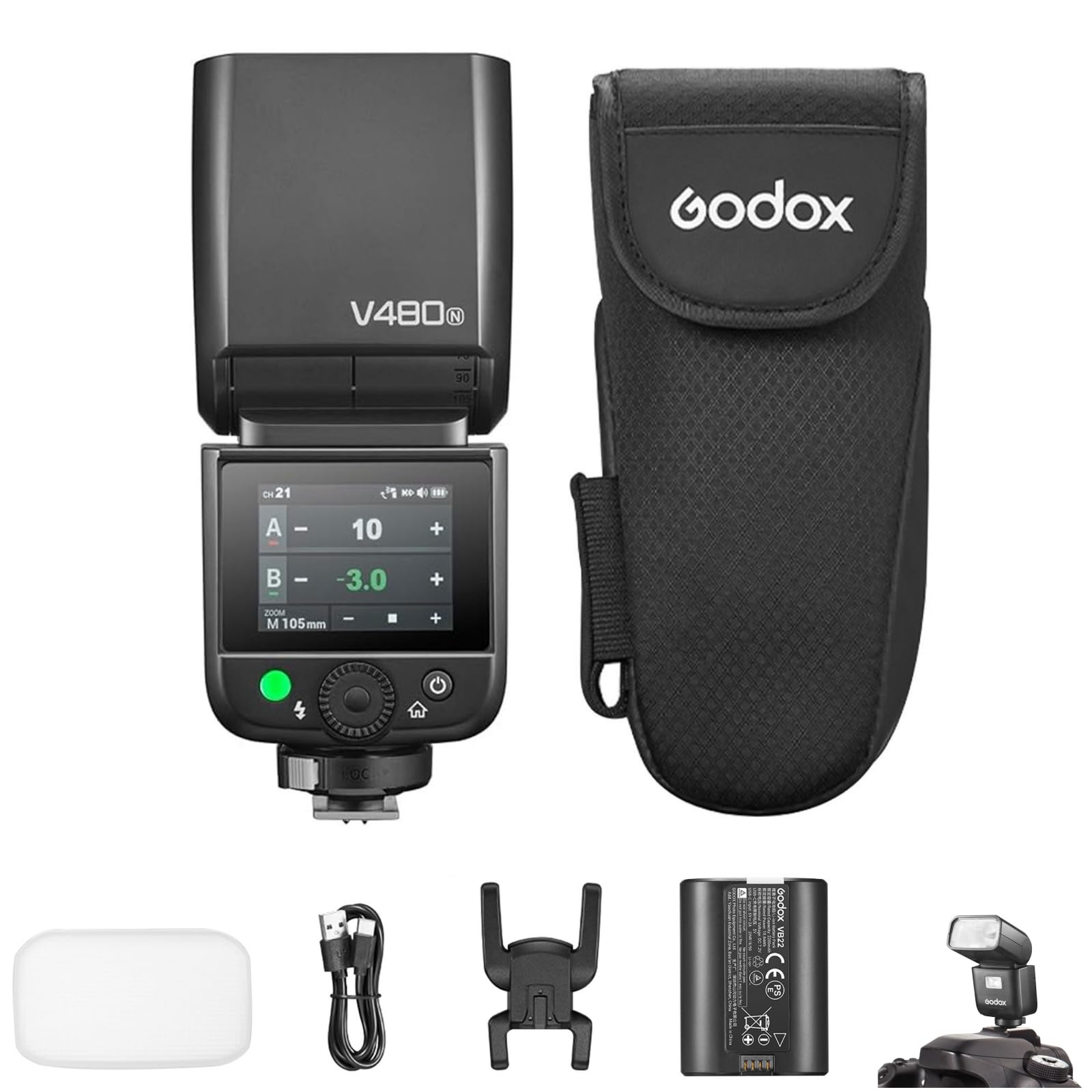 GODOX V480N Flash de cámara TTL para Nikon, GN 50, Potencia de Flash Speedlite 650, HSS 1/8000 s, Tiempo de Recarga de 1,7 s, luz de Modelado LED integrada de 5600 K con difusor
