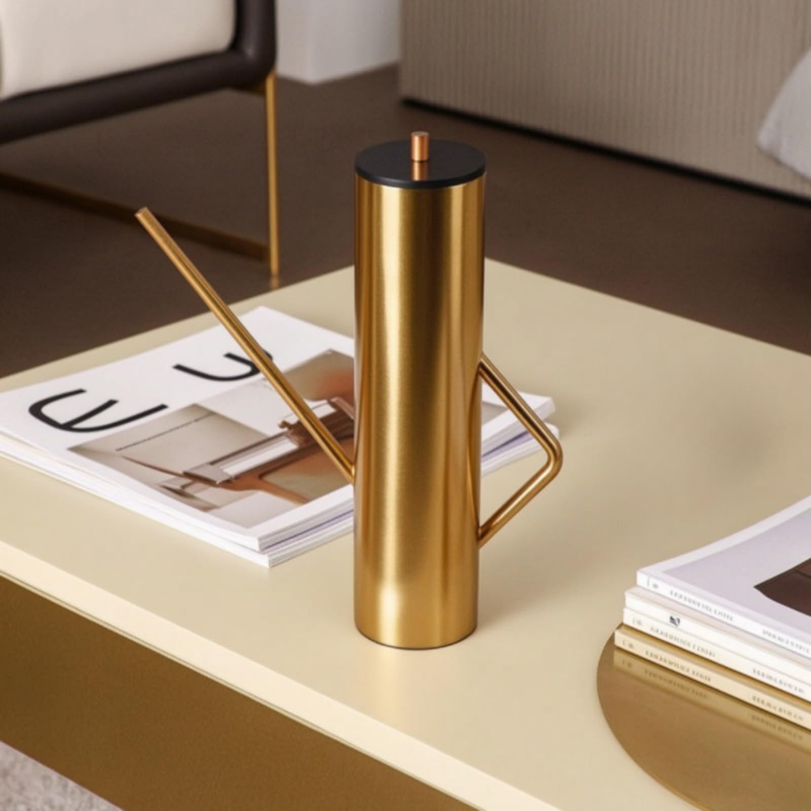 Baoblaze Jarrón Geométrico Decorativo Escultura Moderna Tetera Cuerpo Cilíndrico Metal Dorado Tapa Madera Asa Geométrica Larga Adecuado para Estanterías