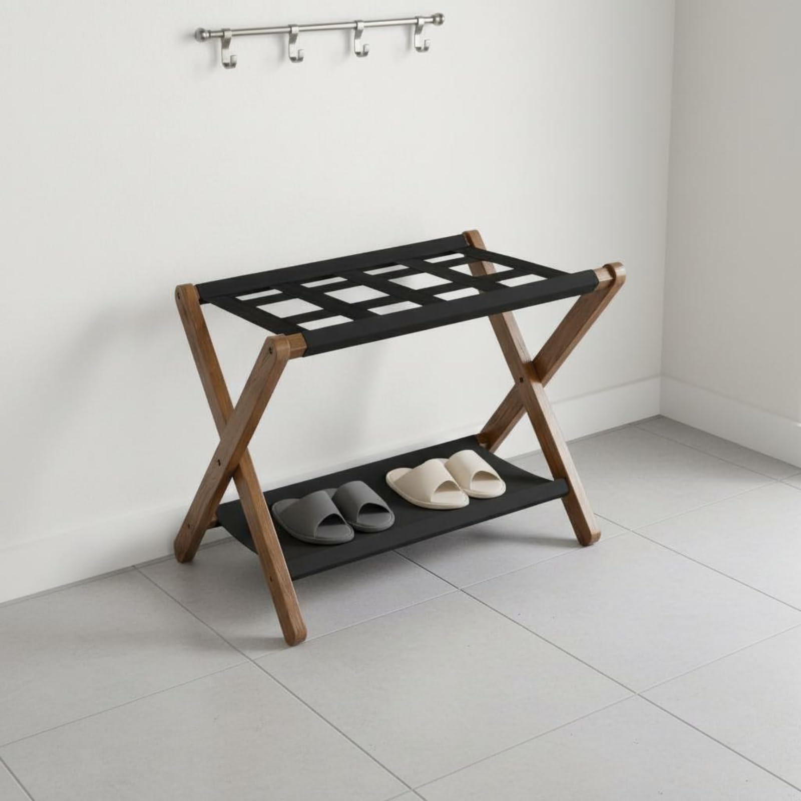 Portavaligia Pieghevole in Legno con Ripiano Supporto Valigie Rastrelliera Bagagli Mensola Bagagli Doppio Ripiano per Bagagli E Accessori Telaio in