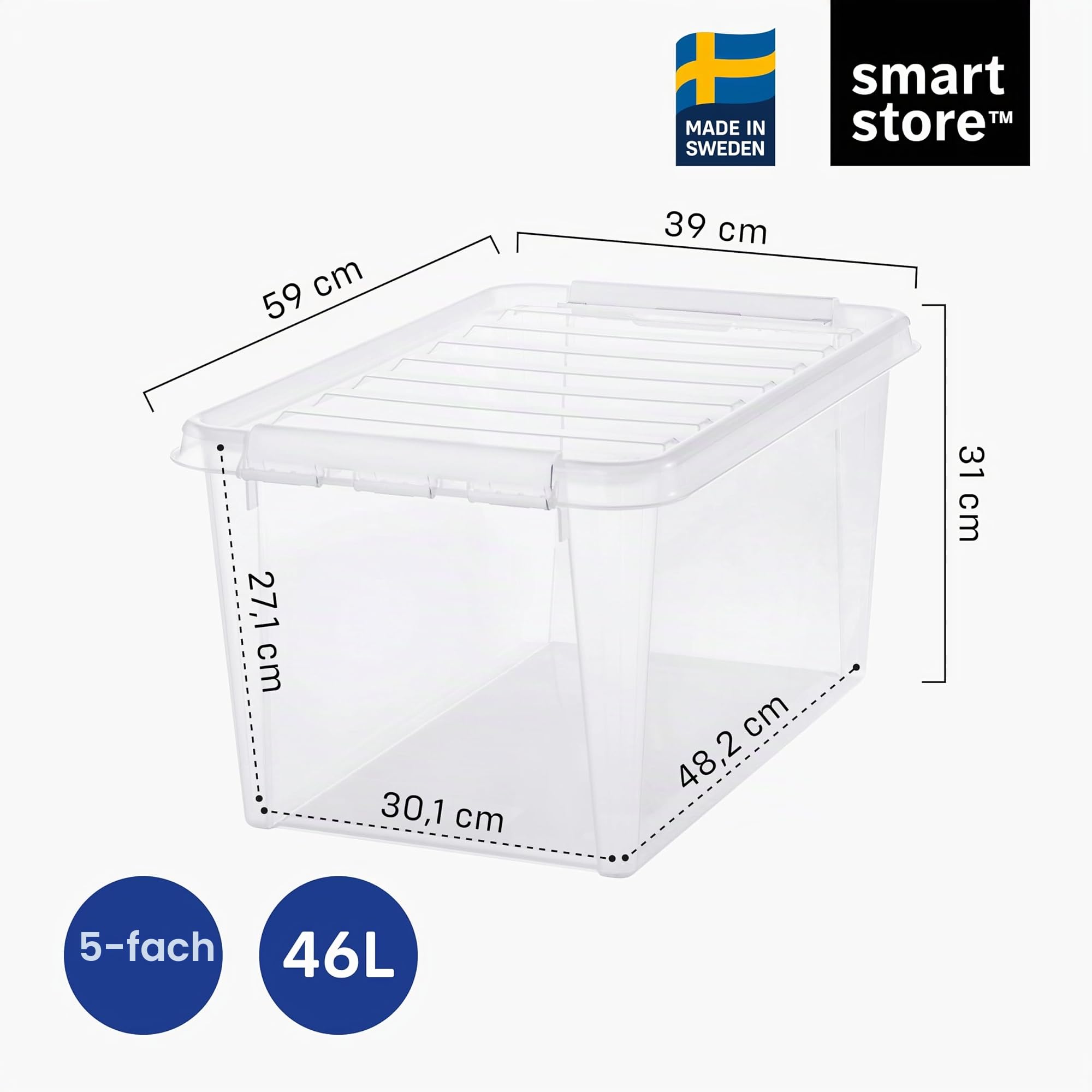SmartStore Aufbewahrungsboxen 5er-Set 46L I Stapelbare Kunststoffbox mit Deckel I BPA-frei & lebensmittelecht I Organizer für Campingbus, Werkstatt oder Garage I durchsichtig und mit Clipverschluss