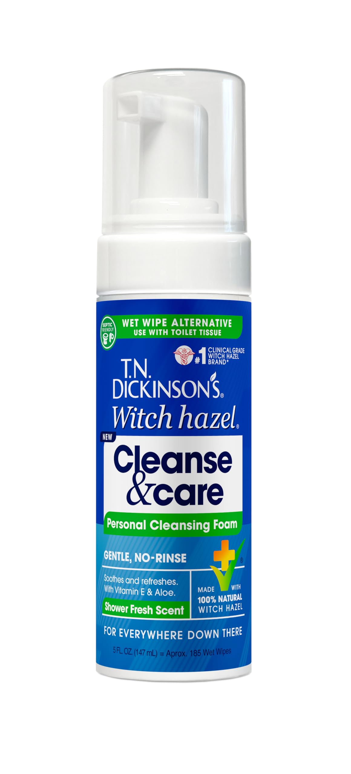 T.N. Dickinson's Witch Hazel Cleanse and Care Personal Cleansing Foam, Shower Fresh Scent (5 Fl Oz) | Toilet Paper Foam Spray | Wet Wipe Alternative | Gentle, Septic-Safe Formula