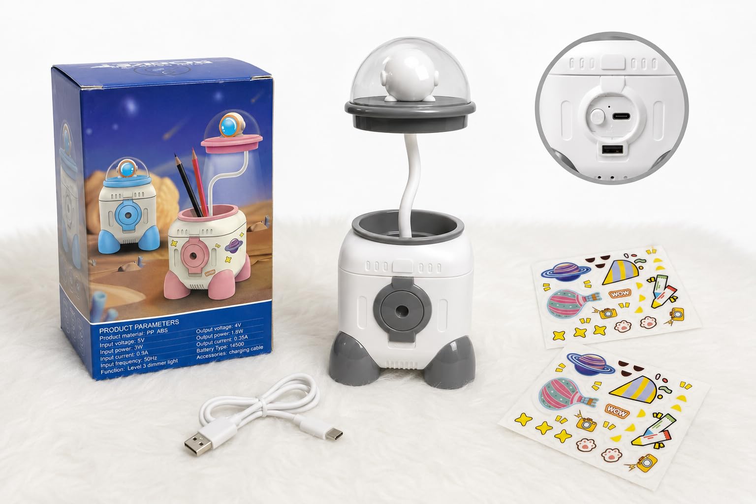 Astronaut LED Desk Lamp with Pen Holder & Sharpener | USB Rechargeable 3-Level Dimmable Study Light | Kids Pencil Stand Organizer | DIY Stickers Included | Grey-image-47