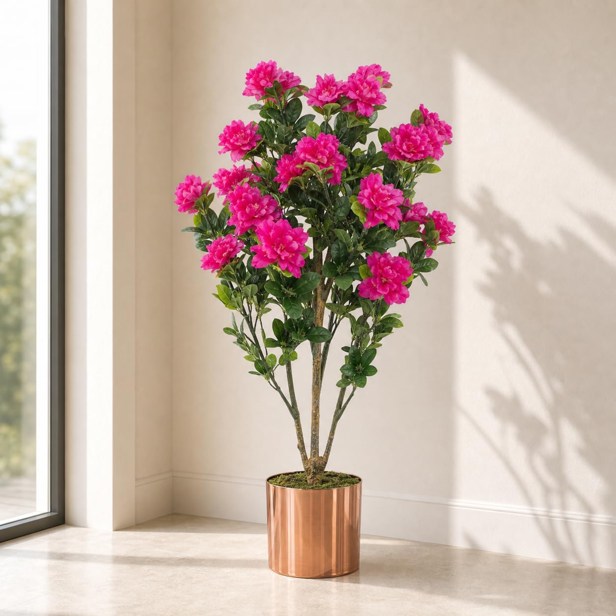 Botanik Artificial Azalea Blossom Tree - Pink - 3.3ft - Copper Metal Planter