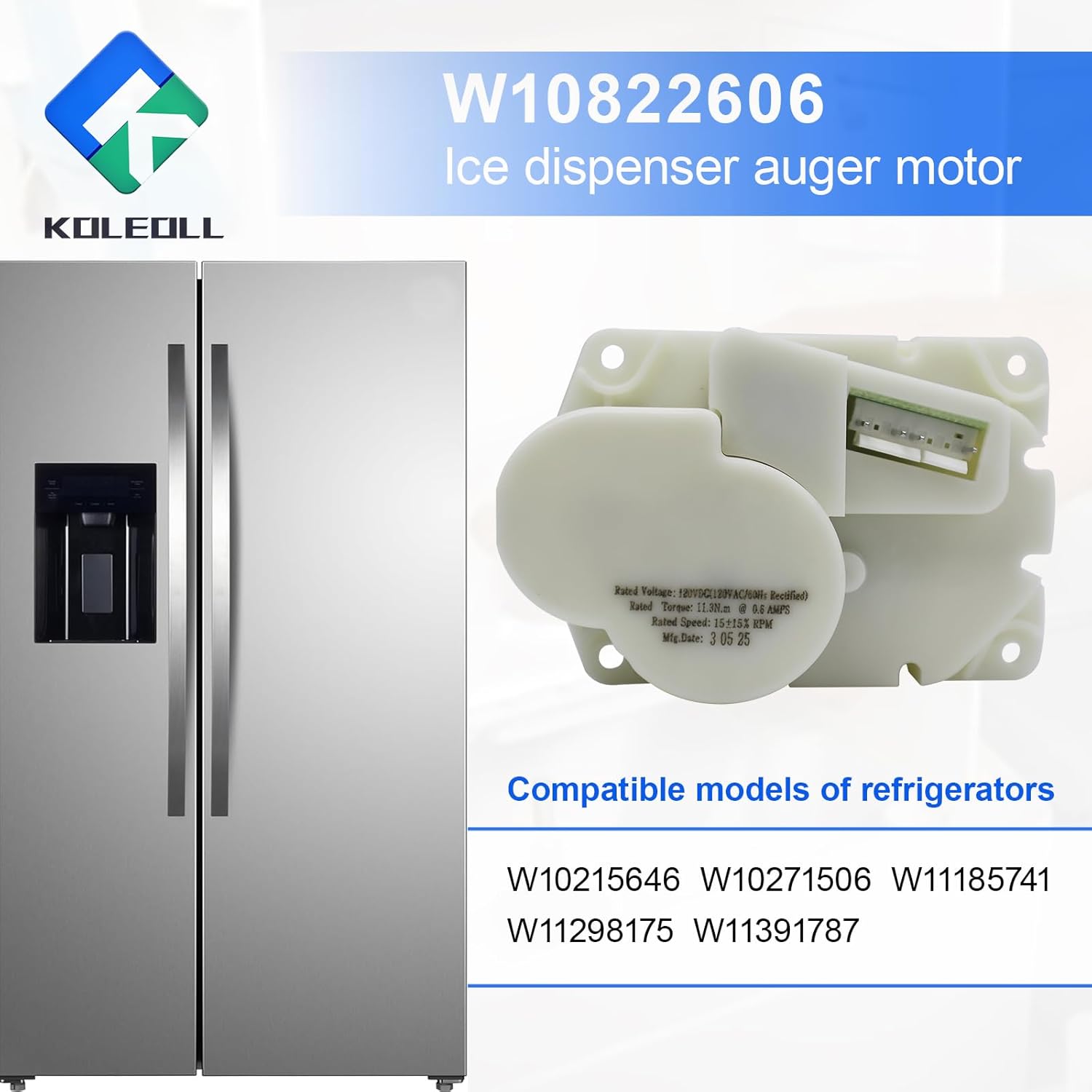W10822606 Ice Dispenser Auger Motor Compatible with Whirlpool Refrigerator, 120 Volt 60HZ, Replace W10215646 W10271506 W11185741 W11298175 W11391787