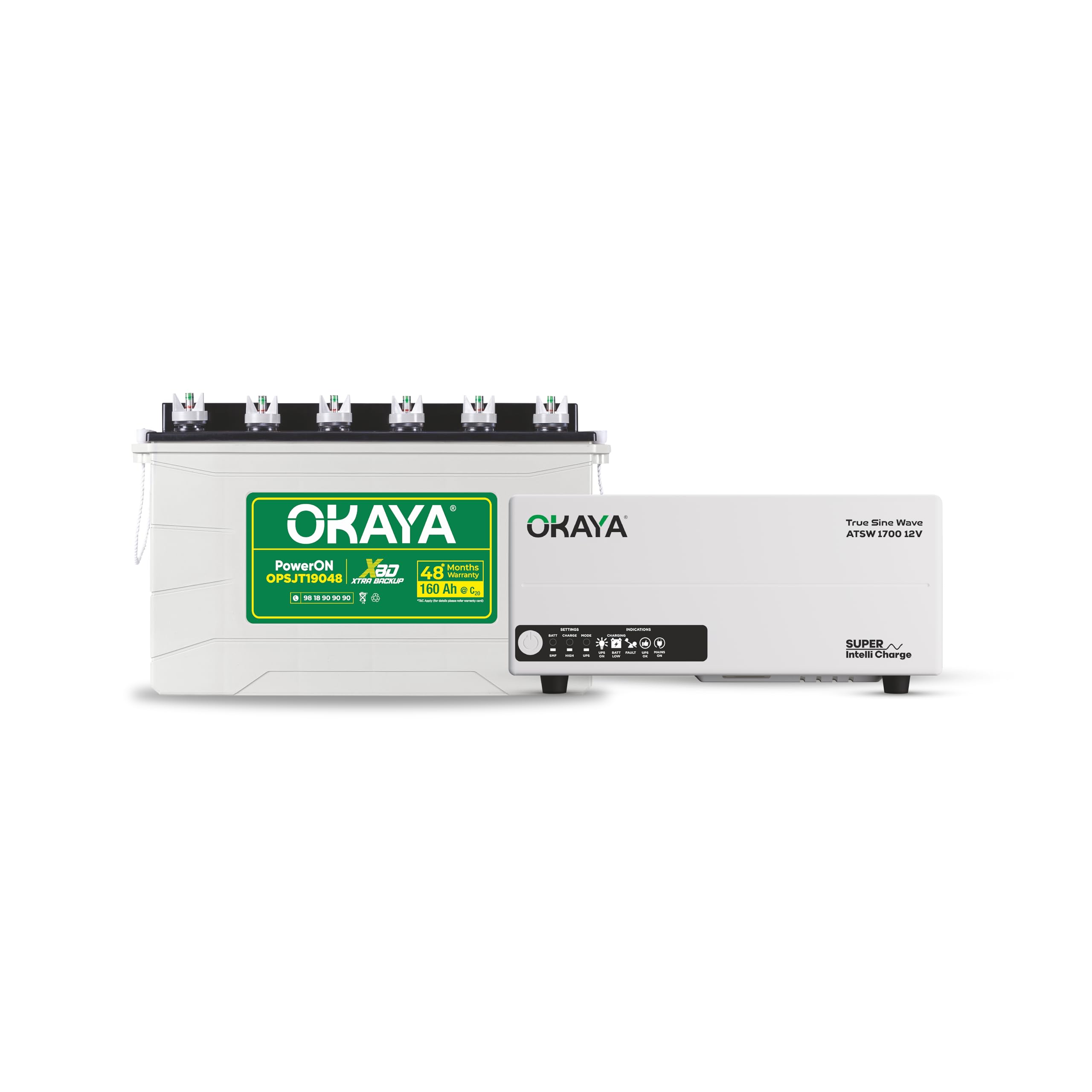 Okaya Inverter with Battery Combo for Home,Office & Shops|ATSW 1700 12V Pure Sine Wave Inverter 1450VA with OPSJT19048 160Ah Inverter Battery |Warranty: 36 Months(Inverter) & 48 Month(Battery)