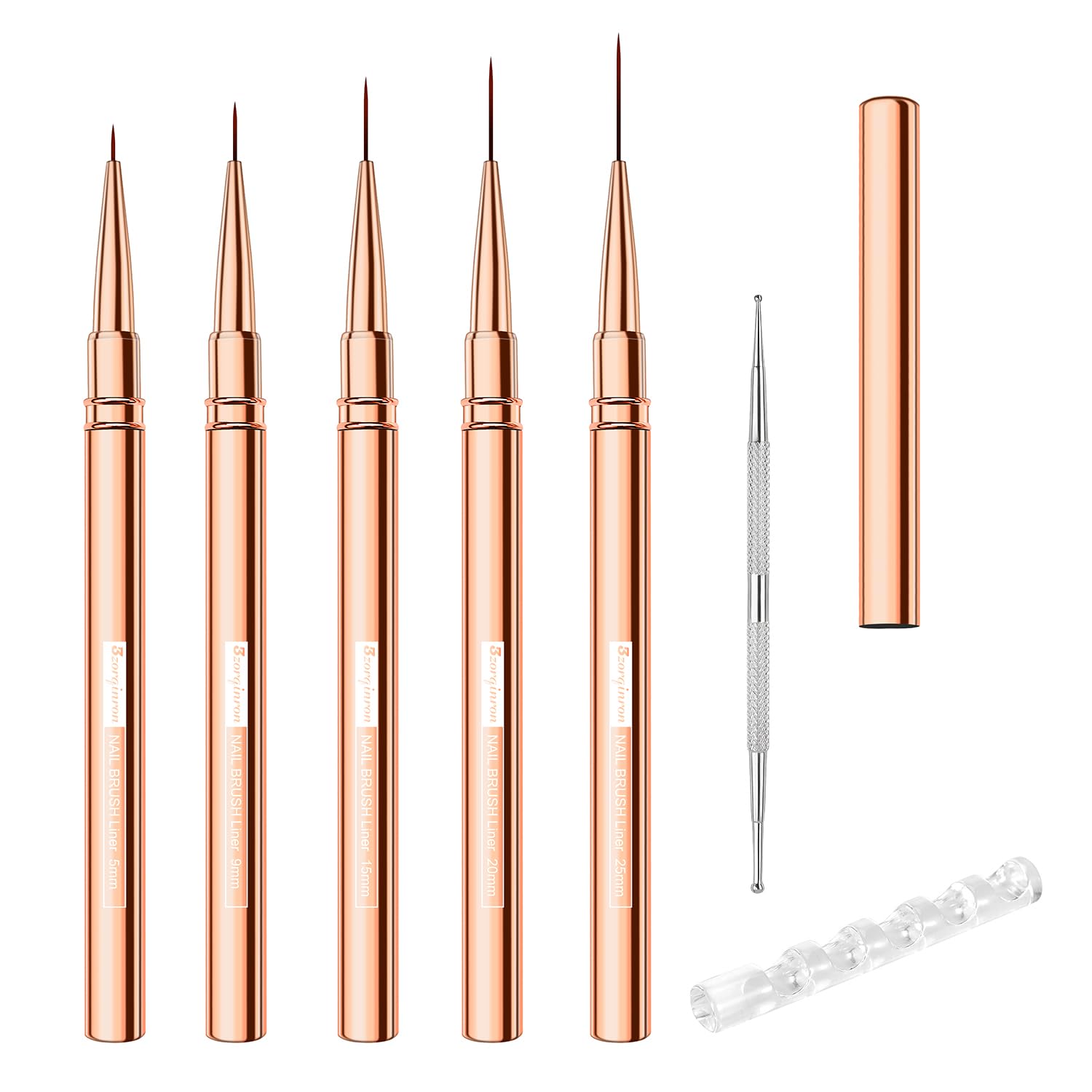Nail Liner Brush, Fine Line Nail art Brushes 5/9/15/20/25mm Thin Line Nail Brushes Detail Drawing, Liner Brush for Nails Gel (Rose Gold)