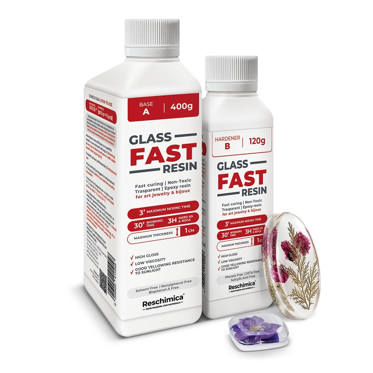 Resina trasparente rapida, effetto vetro - Ideale per gioielli, finiture e decorazioni fai-da-te, DIY. Resina liquida colorabile e facile da usare - Glass Fast Resin (520 gr)