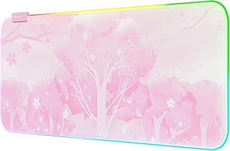 Pink RGB LED Gaming Mouse Pad, 14 Modes Glow Pad, Extra Large Gaming Mousepad,Waterproof Rubber Non Slip Cute Sakura Mat, Extended Big Keyboard and Mouse Pad Mat for Gamer Office Home, XXL 800×300×4mm