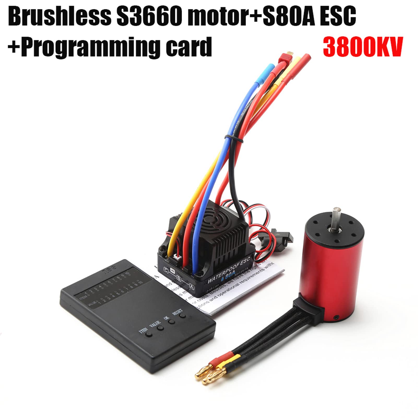 Motor sin escobillas de 3800 KV y 80 A sin escobillas ESC con tarjeta de programación, uso para coche RC 1/8 1/10, coche de carreras 3S RC, motor RC
