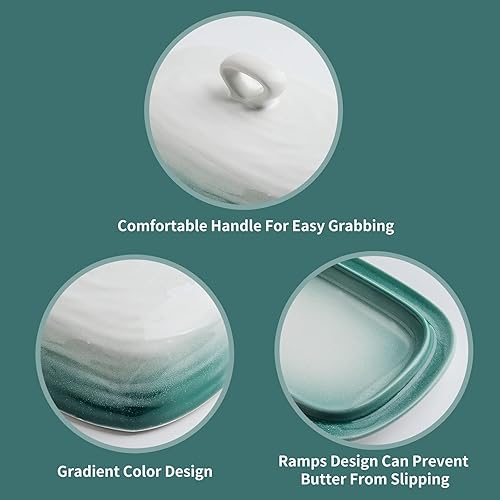 Miniatura 5 de Hasense Mantequillera con tapa, plato de mantequilla de cerámica con tapa para encimera, soporte de mantequilla de porcelana con diseño de mango