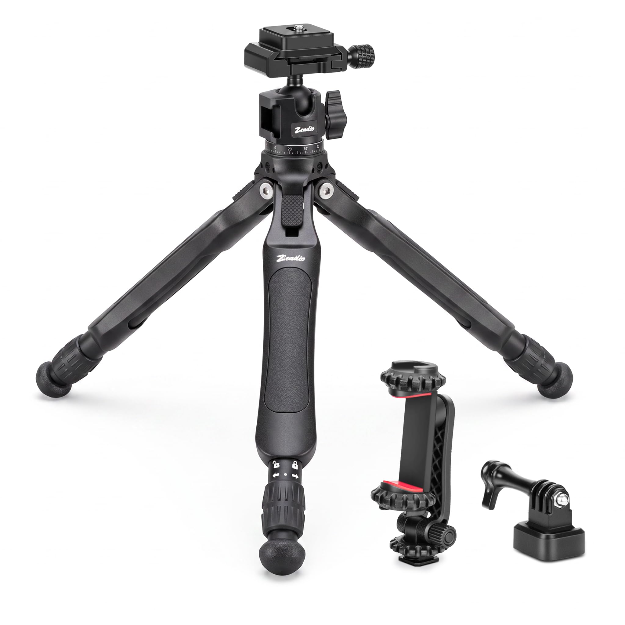 Zeadio Kamera-Stativ-Set, 3-stufig höhenverstellbares Stativ mit Arca-Kugelkopf, Handy-Ständer und Action-Kamera-Adapter, perfekt für Aufnahmen, YouTube, Filmen, Vlogs usw
