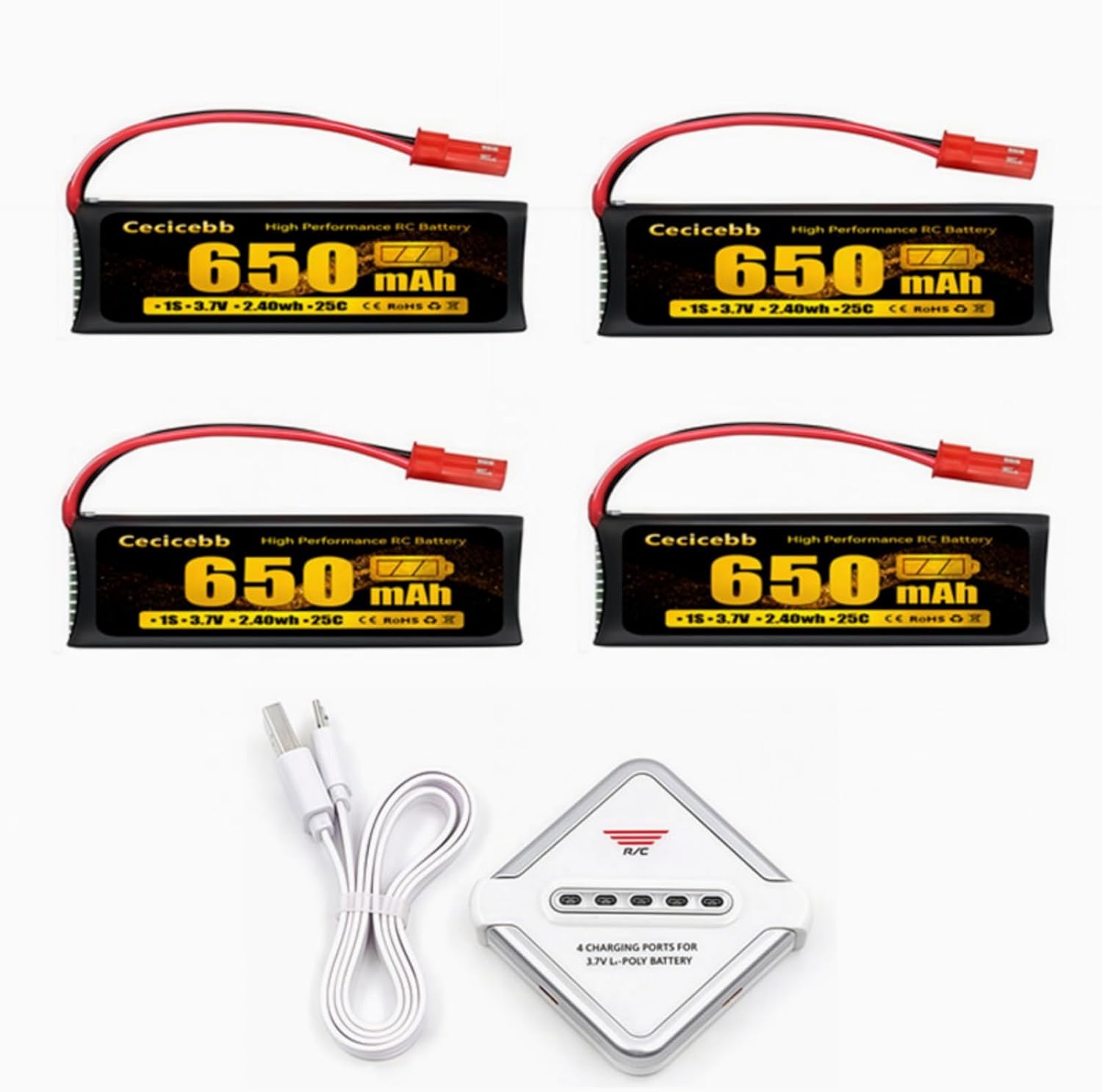 3.7V Lipo Battery 650mAh with JST Plug for UDI U817 U817A V959 V222 V929 RC Drone Quadcopter Aircraft 4 Pack 1S Li-Po Battery with 4 in 1 Battery Charger