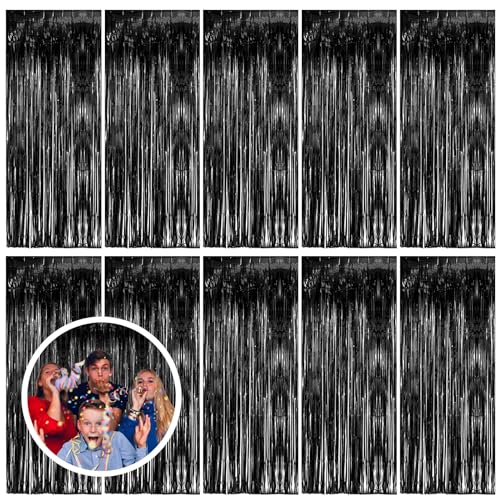 BOMSI 10 Pack Black Party Streamers Backdrop Tinsel Foil Fringe Curtains Halloween Party Decorations Birthday Wednesday Twilight Party Decorations Graduation Wizard Party Supplies