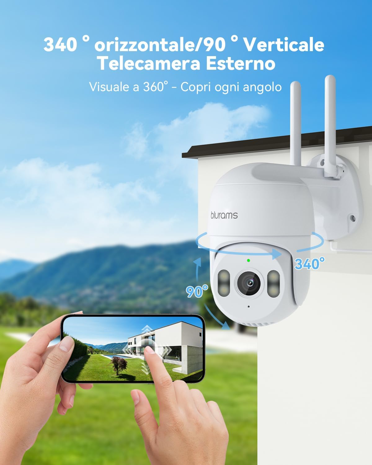 blurams Telecamera Wi-Fi Esterno 2K,Telecamera esterno 360°,PTZ Videocamera Sorveglianza Esterno con Visione Notturna a Colori,IP66 Impermeabile,Audio Bidirezionale,Rilevamento del movimento - Immagine 3