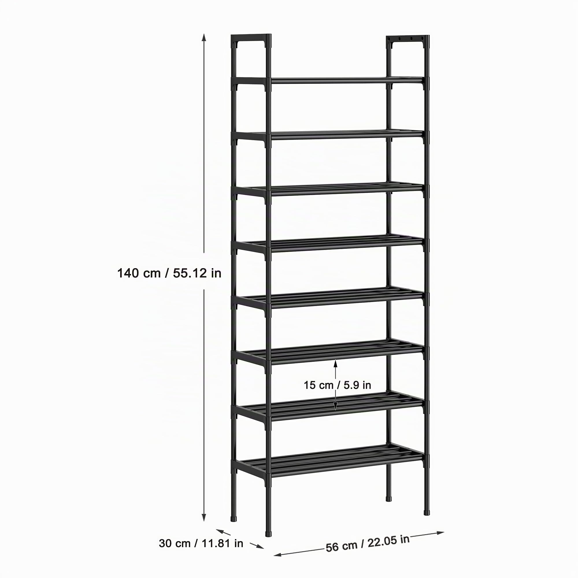 S-536 Zapatero de 8 Niveles con Diseño Extra Grueso, Organizador de Zapatos para 24 Pares, 56 x 30 x 140 cm para Pasillo, Dormitorio (Negro)
