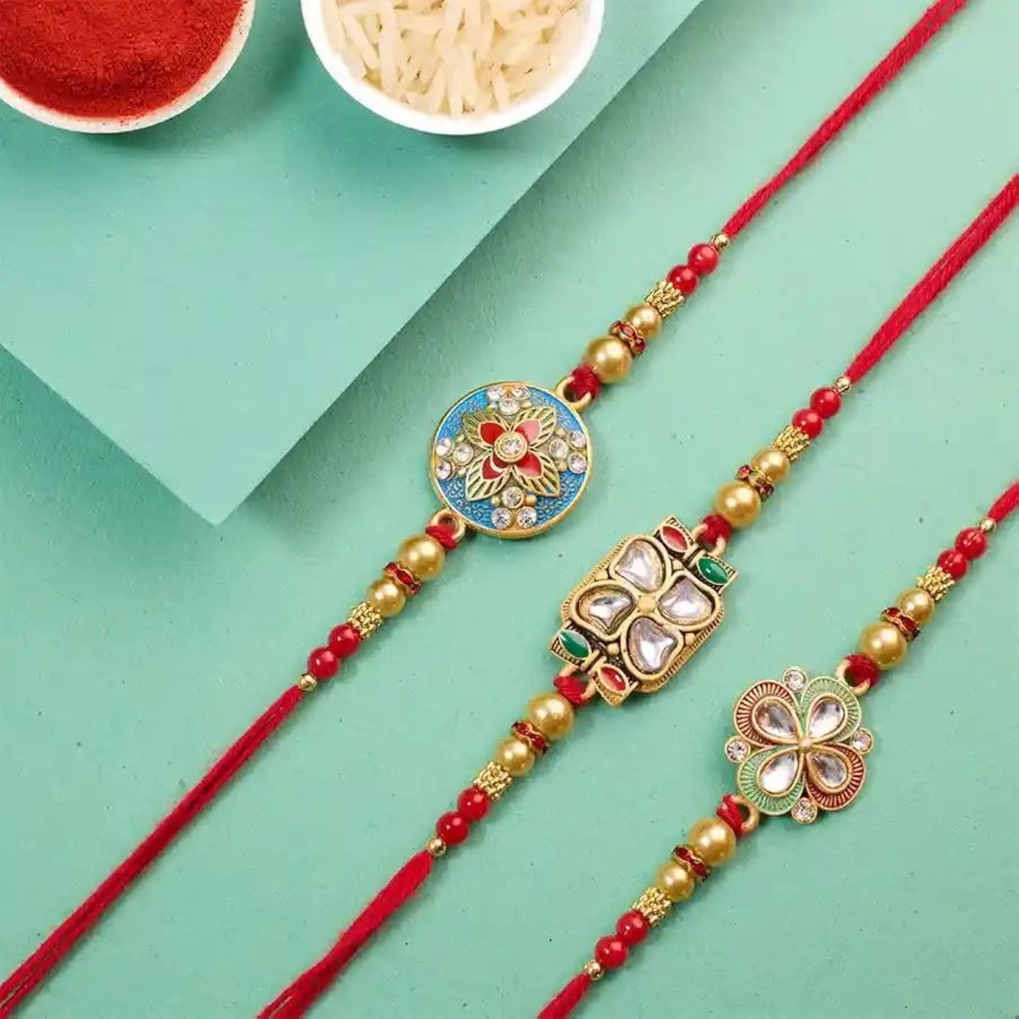 Kundan Rakhi for Brother Set of 3
