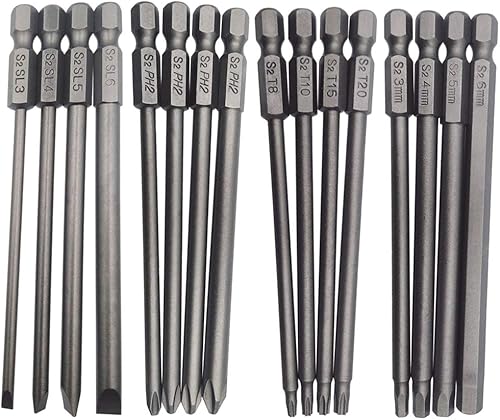 Wolfride Juego de puntas de destornillador magnético largo con ranuras+cruz+torx+hexagonal, vástago hexagonal de 1/4 pulgadas, 3.937 in de longitud
