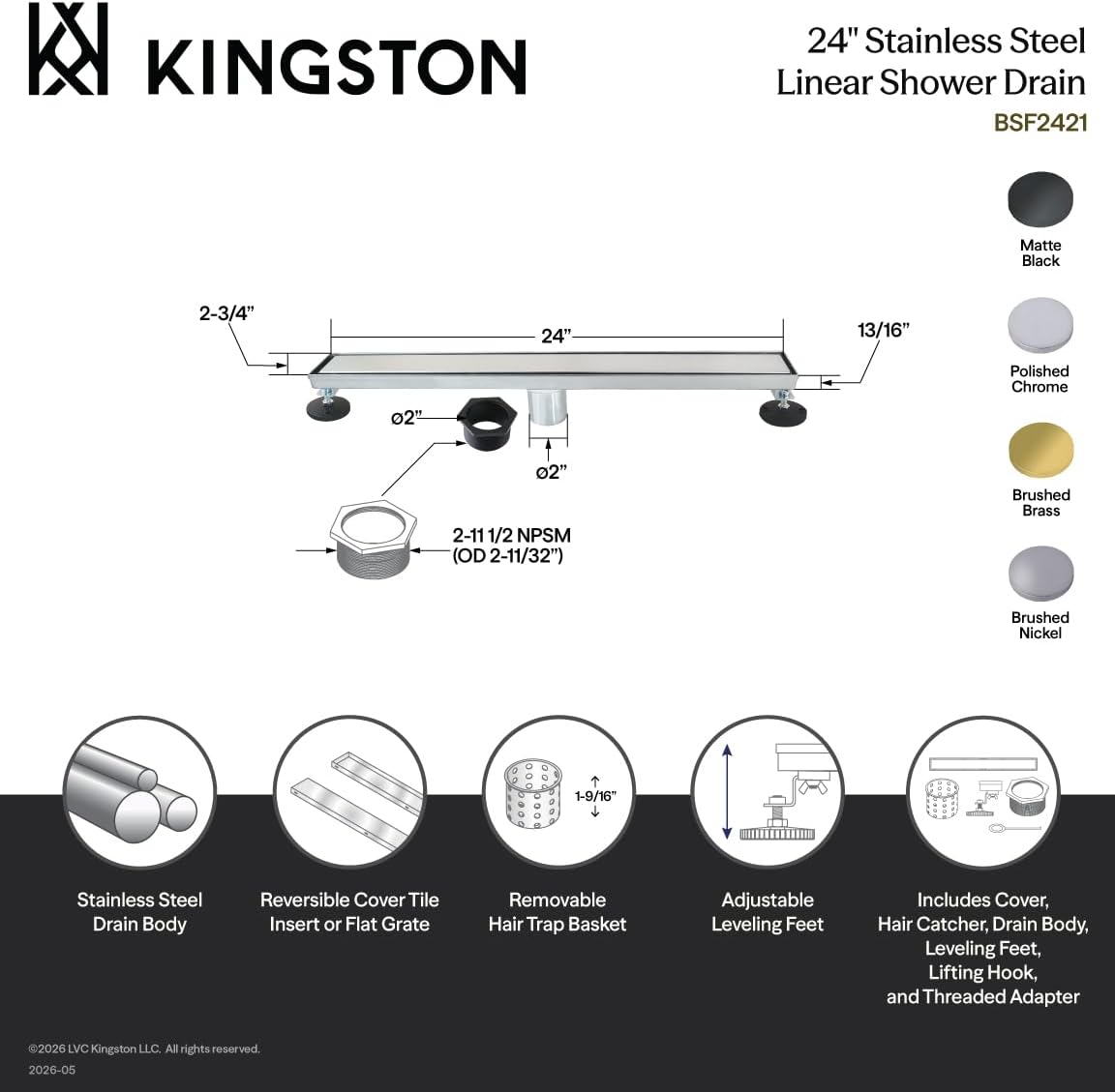 Kingston BSF2427 24" Stainless Steel Linear Shower Drain, Brushed Brass