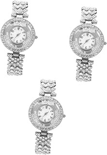 3 Pçs Pulseira De Luxo Elegante Relógio De Pulso Relógios Femininos Vestido Delicado Decoração De Relógio De Strass Pulso Cheio Elegante Ornamento Decorativo Diamante Prata Liga