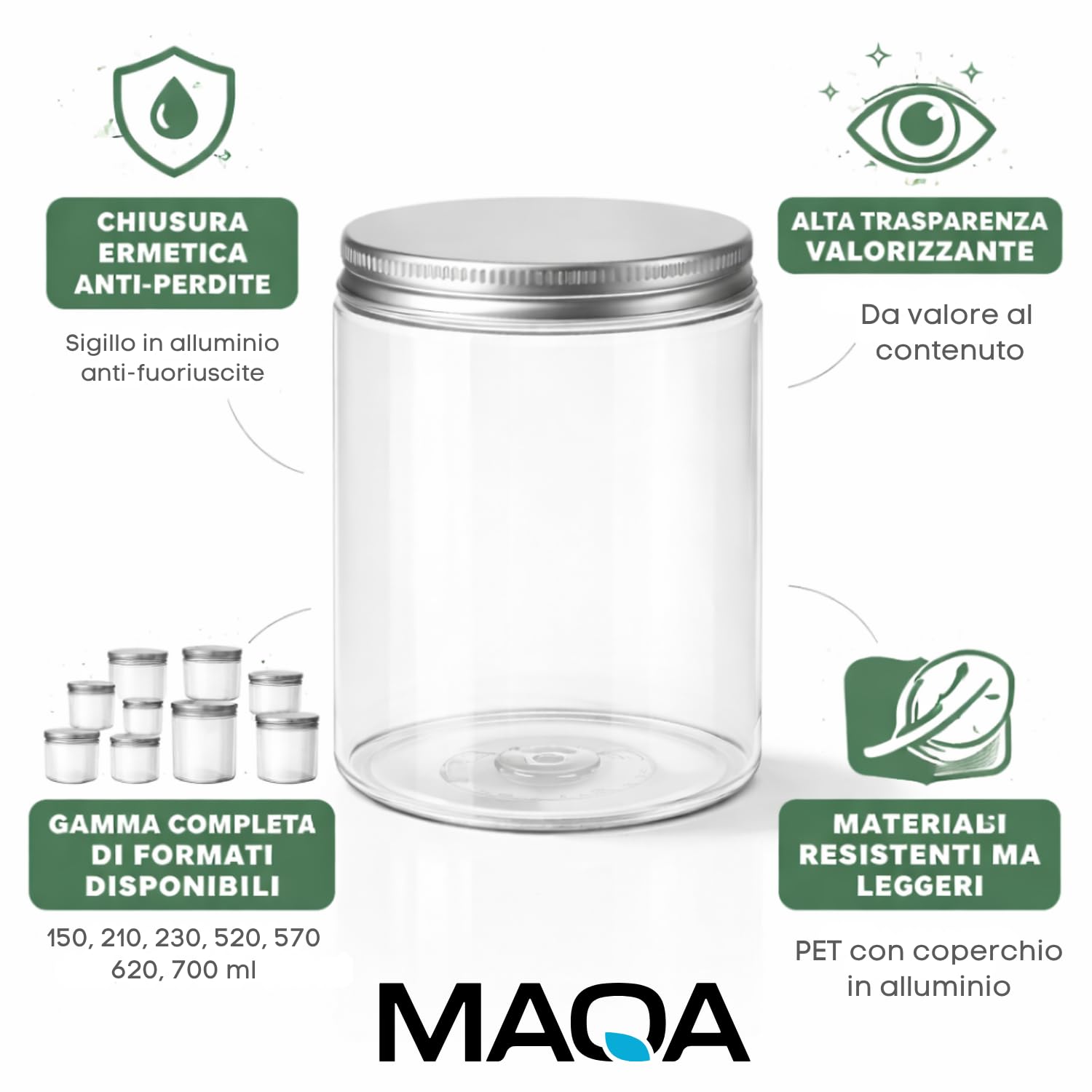 MAQA Take Away - 24 tarros de cocina transparentes de PET – 700 ml – Take Away con tapón de aluminio hermético – Tarros para especias, alimentos, ensaladas, postres y platos preparados – Antifugas