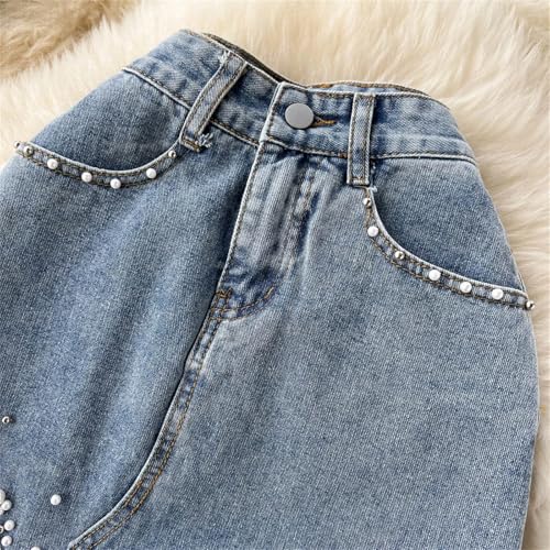 Women Pearls Beading Denim Skirts Summer High Waist Split Ripped Holes Midi Jean Skirt3