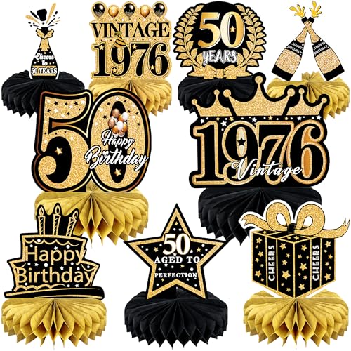 9 Pcs 50th Birthday Decoration for Men Women 50th Birthday Table Decorations Cheers to 50th Birthday Honeycomb Centerpieces Table Topper Black and Gold 50th Birthday Party Favors