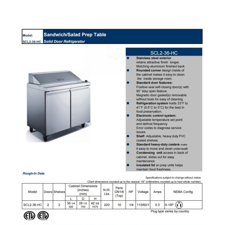 Elite Kitchen Supply Commercial Sandwich Prep Table, 36-Inch, 2-Door Refrigerator with 10 Pan Capacity, Stainless Steel SCL2-36-E-HC