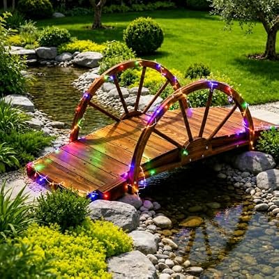 Ultym 5 FT Lighted Arched Wooden Garden Bridge with Half-Wheel Railings